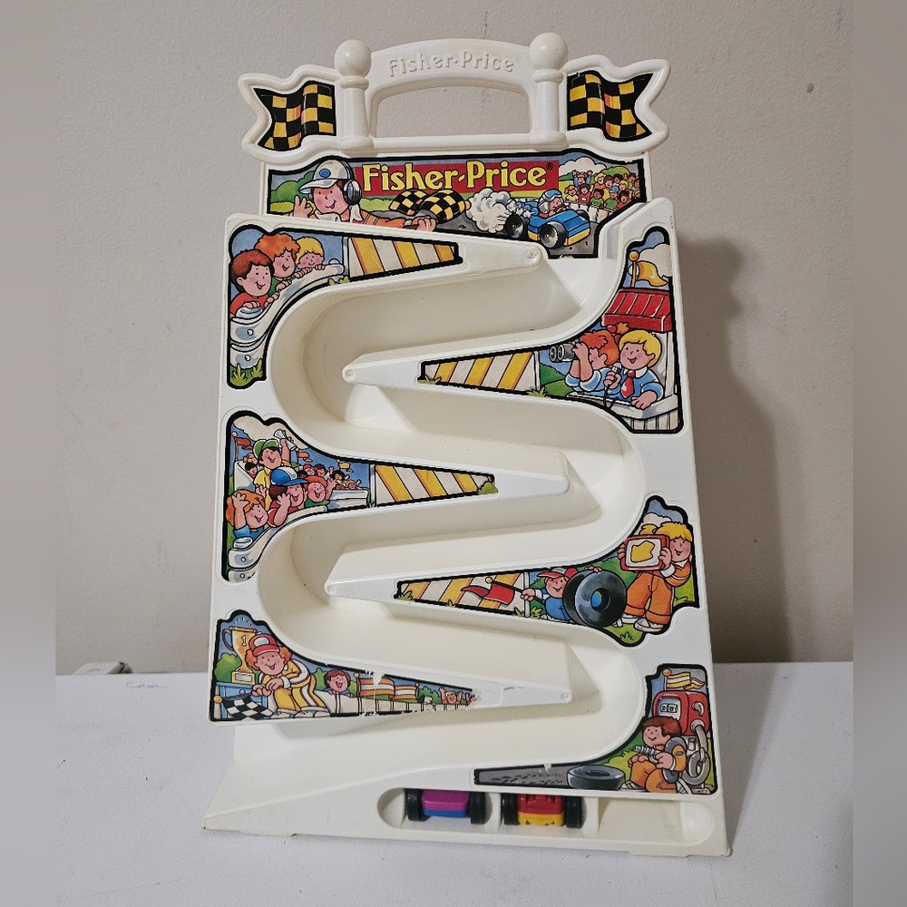 Vintage 91 Fisher Price Tumbling Racers Vertical Racetrack With 2 Cars